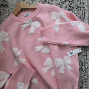 Puff Bow Crewneck Sweater Preppy Girly Core Womens L Faded Rose Pink White NWT